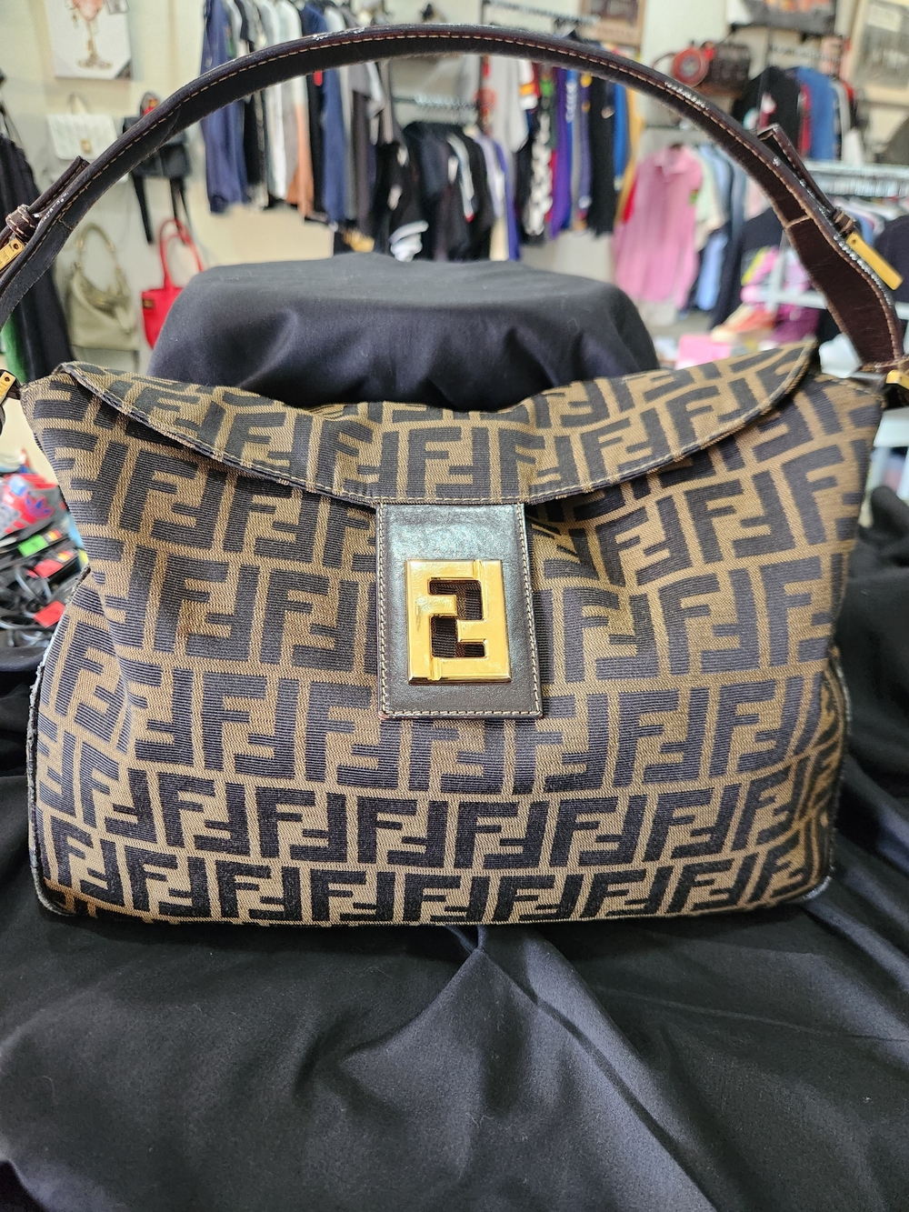 Vintage Fendi Brown and Black FF Monogram Shoulder Bag with Gold-Tone Clasp